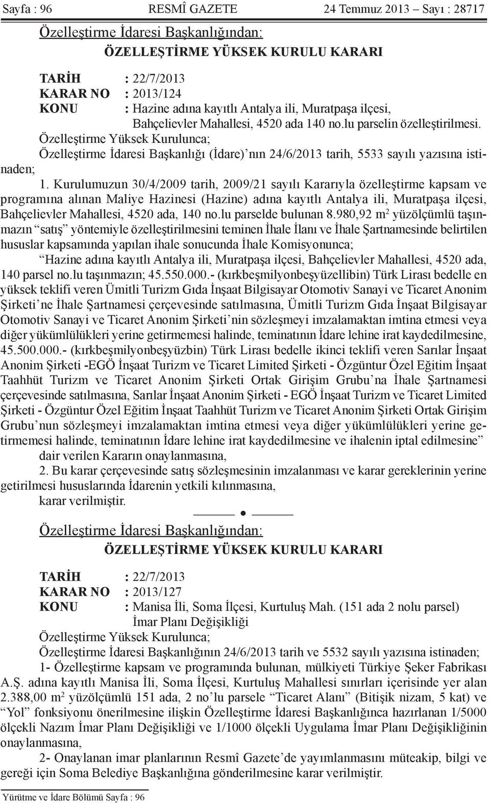 Kurulumuzun 30/4/2009 tarih, 2009/21 sayılı Kararıyla özelleştirme kapsam ve programına alınan Maliye Hazinesi (Hazine) adına kayıtlı Antalya ili, Muratpaşa ilçesi, Bahçelievler Mahallesi, 4520 ada,