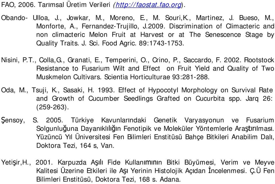 , Temperini, O., Crino, P., Saccardo, F. 2002. Rootstock Resistance to Fusarium Wilt and Effect on Fruit Yield and Quality of Two Muskmelon Cultivars. Scientia Horticulturae 93:281-288. Oda, M.