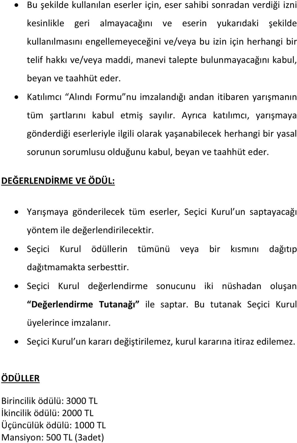 Ayrıca katılımcı, yarışmaya gönderdiği eserleriyle ilgili olarak yaşanabilecek herhangi bir yasal sorunun sorumlusu olduğunu kabul, beyan ve taahhüt eder.