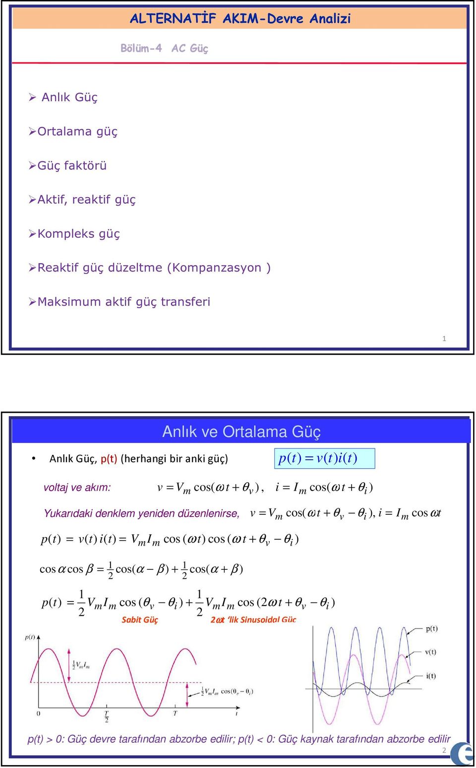 akı: cs( ω, cs( ω Yukarıdak denkle yenden düzenlenrse, cs( ω, cs ω p( ( ( cs ( ω cs ( ω csα cs β cs( α β cs( α