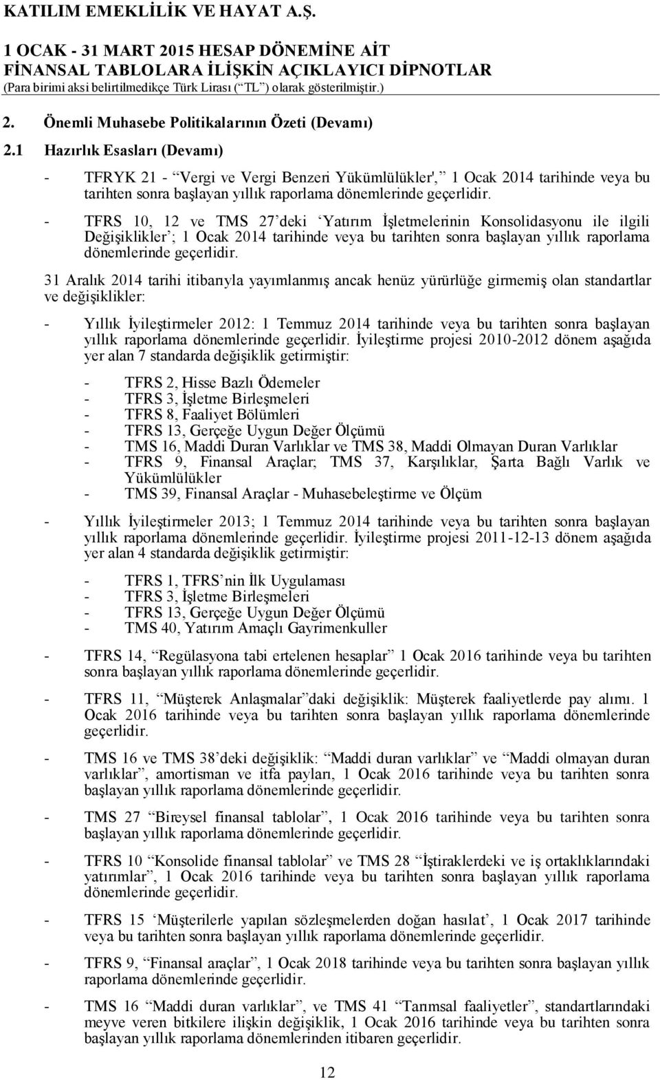 TFRS 10, 12 ve TMS 27 deki Yatırım İşletmelerinin Konsolidasyonu ile ilgili Değişiklikler ; 1 Ocak 2014 tarihinde veya bu tarihten sonra başlayan yıllık raporlama dönemlerinde geçerlidir.