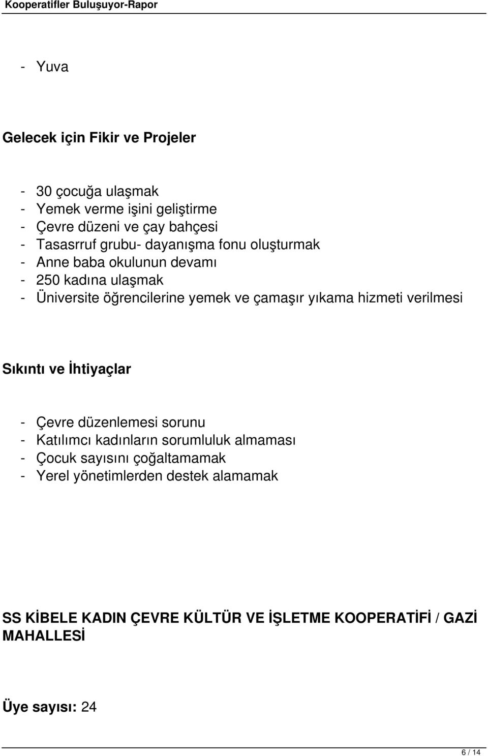 çamaşır yıkama hizmeti verilmesi - Çevre düzenlemesi sorunu - Katılımcı kadınların sorumluluk almaması - Çocuk sayısını