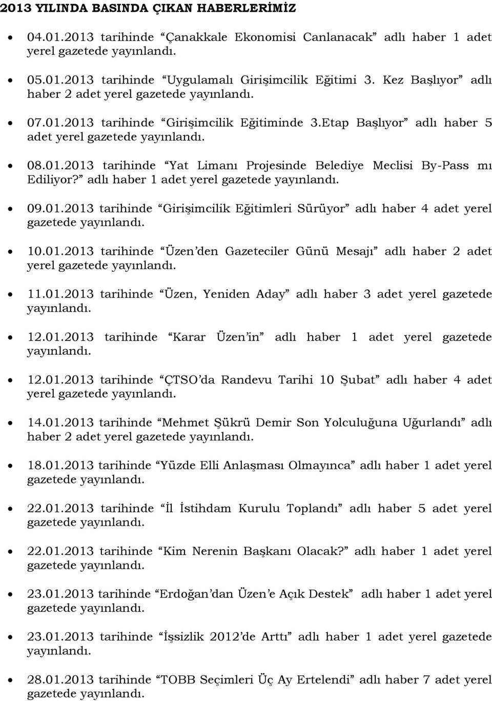 adlı haber 1 adet yerel 09.01.2013 tarihinde Girişimcilik Eğitimleri Sürüyor adlı haber 4 adet yerel 10.01.2013 tarihinde Üzen den Gazeteciler Günü Mesajı adlı haber 2 adet yerel 11.01.2013 tarihinde Üzen, Yeniden Aday adlı haber 3 adet yerel gazetede 12.