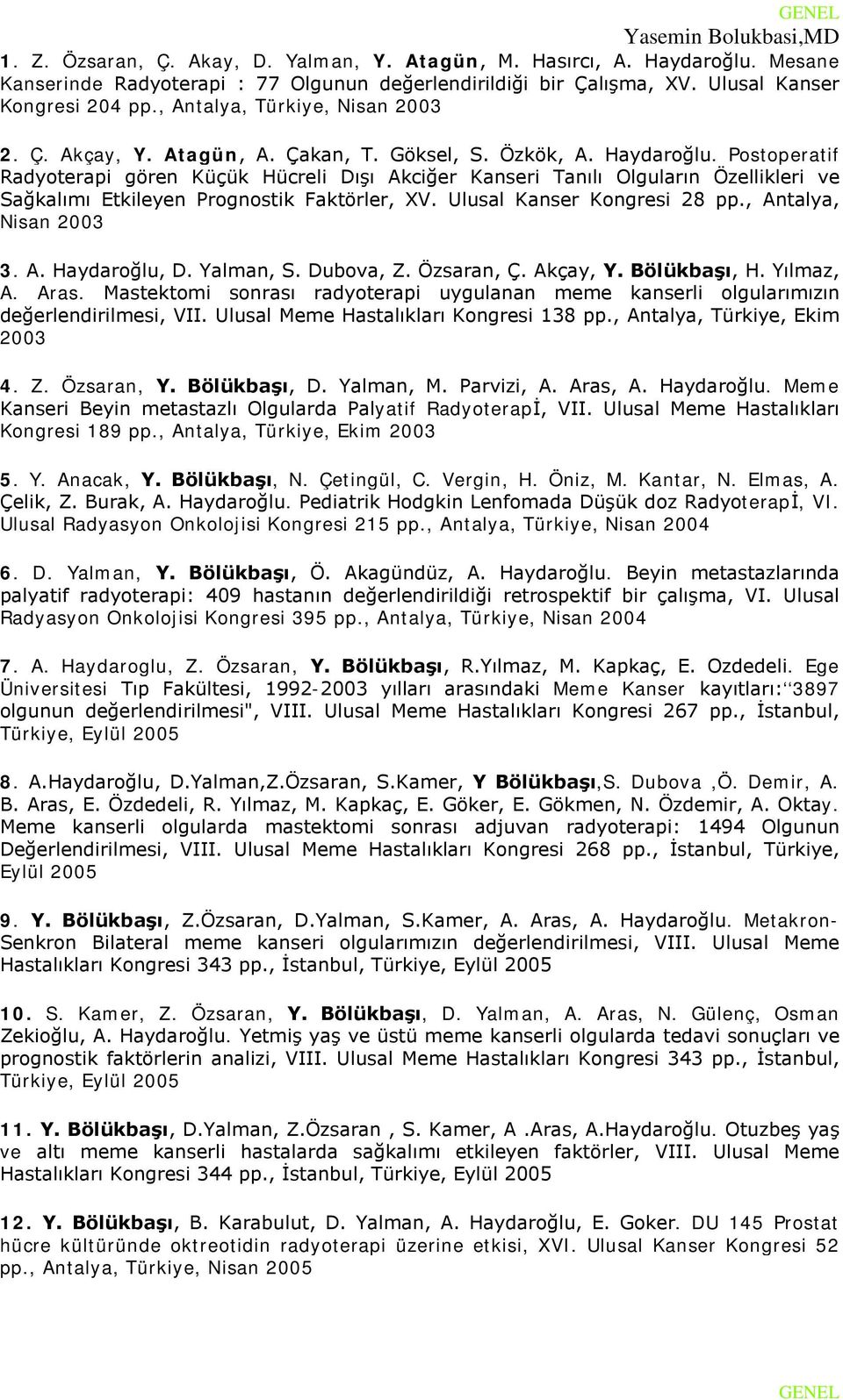 Postoperatif Radyoterapi gören Küçük Hücreli Dışı Akciğer Kanseri Tanılı Olguların Özellikleri ve Sağkalımı Etkileyen Prognostik Faktörler, XV. Ulusal Kanser Kongresi 28 pp., Antalya, Nisan 2003 3. A. Haydaroğlu, D.