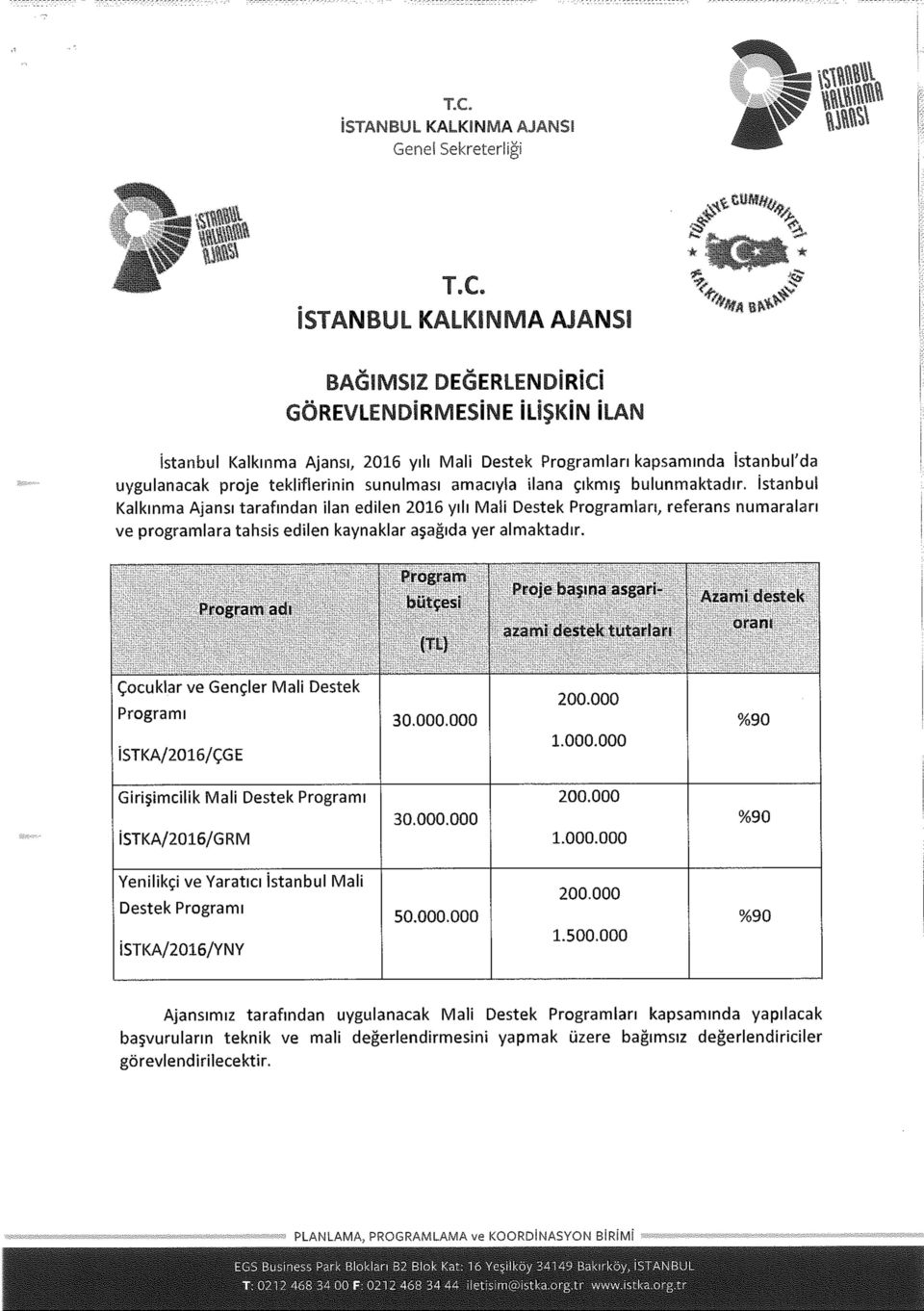 İstanbul Kalkınma Ajansı tarafından ilan edilen 2016 yılı Mali Destek Programlan, referans numaraları ve programlara tahsis edilen kaynaklar aşağıda yer almaktadır. Frogıam acı Pl'Ggi'îiîV.