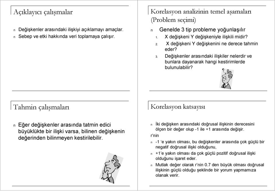 Tahmn çalışmaları Korelasyon katsayısı Eğer değşkenler arasında tatmn edc büyüklükte br lşk varsa, blnen değşkenn değernden blnmeyen kestrleblr.