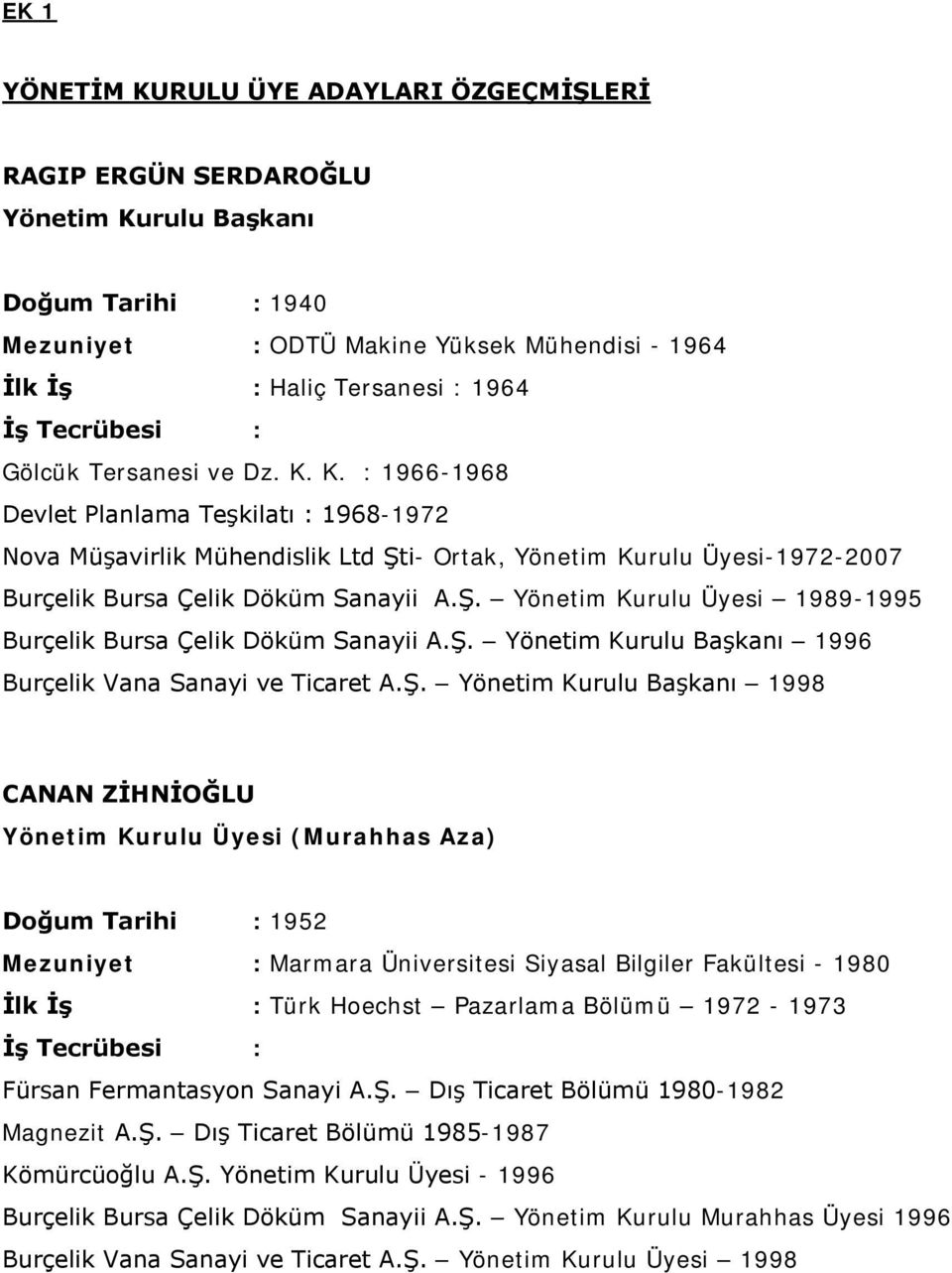 K. : 1966-1968 Devlet Planlama Teşkilatı : 1968-1972 Nova Müşavirlik Mühendislik Ltd Şti- Ortak, Yönetim Kurulu Üyesi-1972-2007 Burçelik Bursa Çelik Döküm Sanayii A.Ş. Yönetim Kurulu Üyesi 1989-1995 Burçelik Bursa Çelik Döküm Sanayii A.