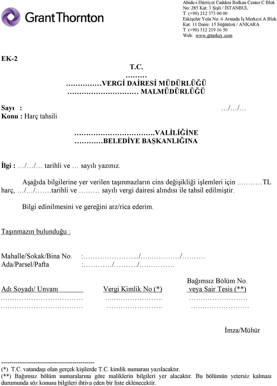 Bilgi edinilmesini ve gereğini arz/rica ederim. Taşınmazın bulunduğu : Mahalle/Sokak/Bina No. Ada/Parsel/Pafta :.../.. /. : /./ Bağımsız Bölüm No.