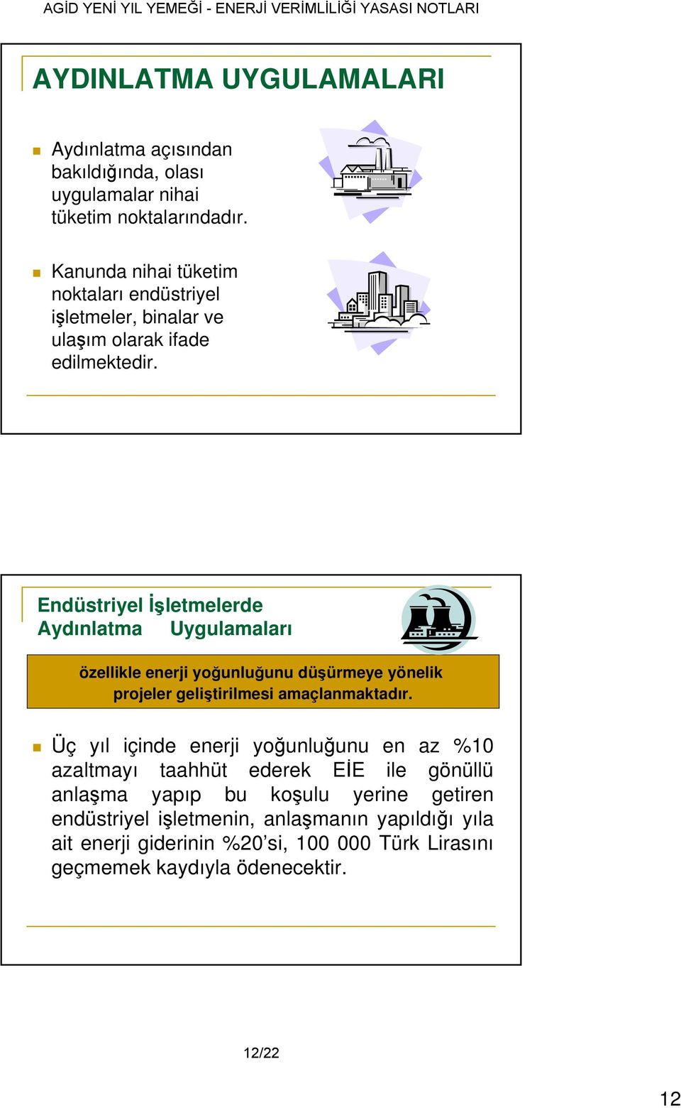 Endüstriyel İşletmelerde Aydınlatma Uygulamaları özellikle enerji yoğunluğunu düşürmeye yönelik projeler geliştirilmesi amaçlanmaktadır.