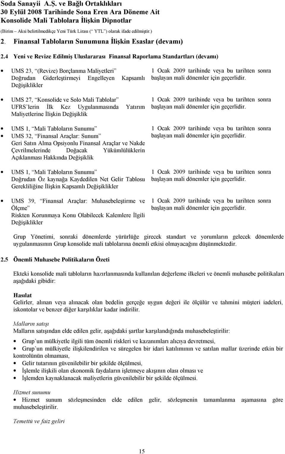 Solo Mali Tablolar UFRS lerin İlk Kez Uygulanmasında Yatırım Maliyetlerine İlişkin Değişiklik UMS 1, Mali Tabloların Sunumu UMS 32, Finansal Araçlar: Sunum Geri Satın Alma Opsiyonlu Finansal Araçlar