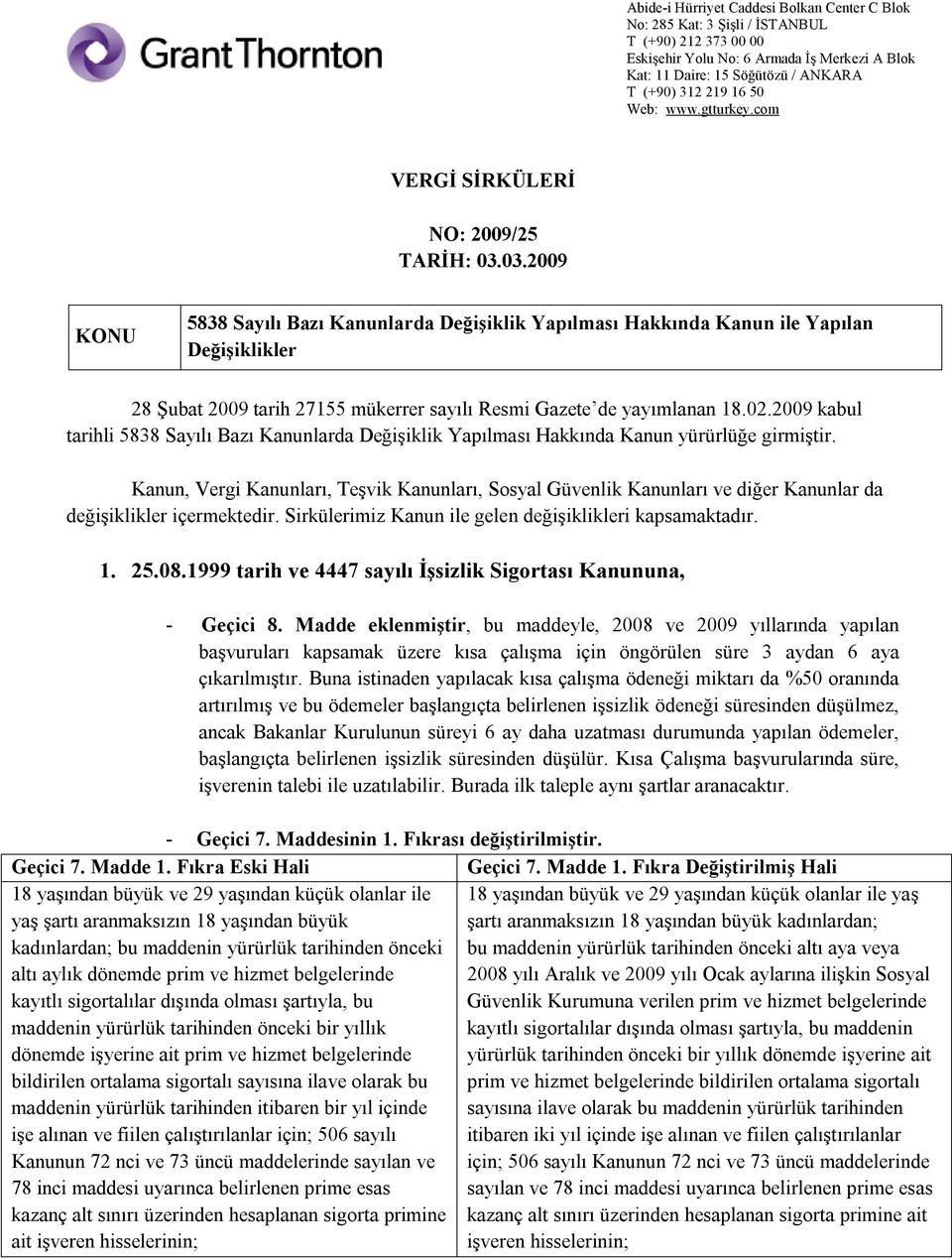 2009 kabul tarihli 5838 Sayılı Bazı Kanunlarda Değişiklik Yapılması Hakkında Kanun yürürlüğe girmiştir.