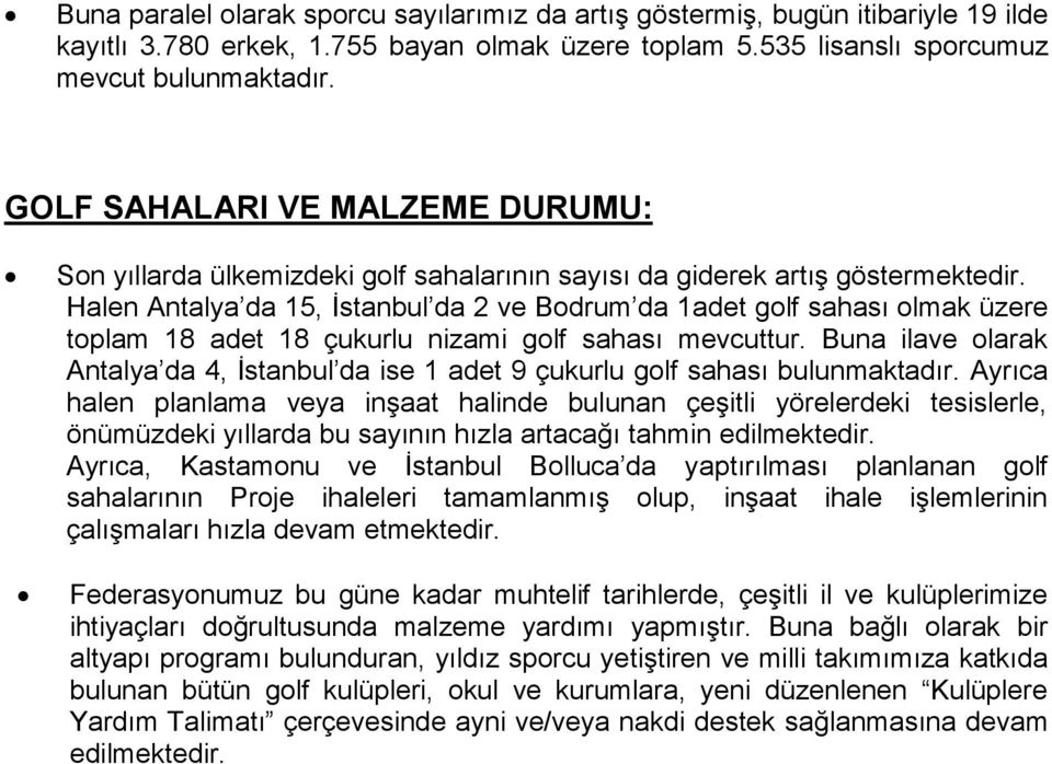 Halen Antalya da 15, İstanbul da 2 ve Bodrum da 1adet golf sahası olmak üzere toplam 18 adet 18 çukurlu nizami golf sahası mevcuttur.