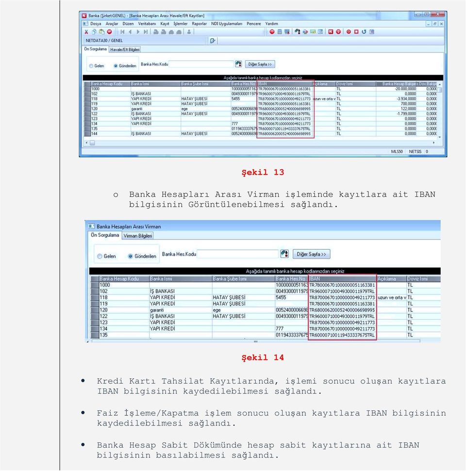 Şekil 14 Kredi Kartı Tahsilat Kayıtlarında, işlemi sonucu oluşan kayıtlara IBAN bilgisinin