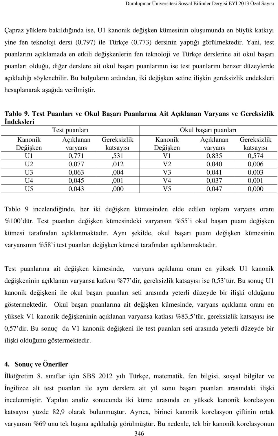 düzeylerde açıkladığı söylenebilir. Bu bulguların ardından, iki değişken setine ilişkin gereksizlik endeksleri hesaplanarak aşağıda verilmiştir. Tablo 9.