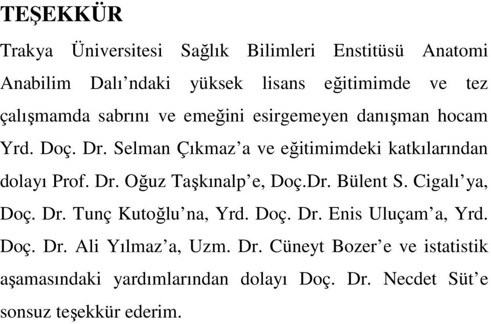 Selman Çıkmaz a ve eğitimimdeki katkılarından dolayı Prof. Dr. Oğuz Taşkınalp e, Doç.Dr. Bülent S. Cigalı ya, Doç. Dr. Tunç Kutoğlu na, Yrd.