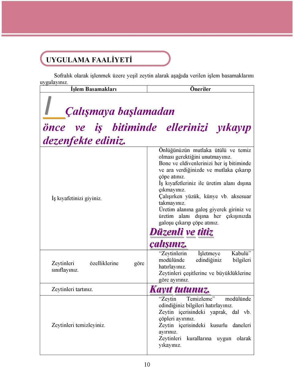 Zeytinleri temizleyiniz. Önlüğünüzün mutlaka ütülü ve temiz olması gerektiğini unutmayınız. Bone ve eldivenlerinizi her iş bitiminde ve ara verdiğinizde ve mutlaka çıkarıp çöpe atınız.