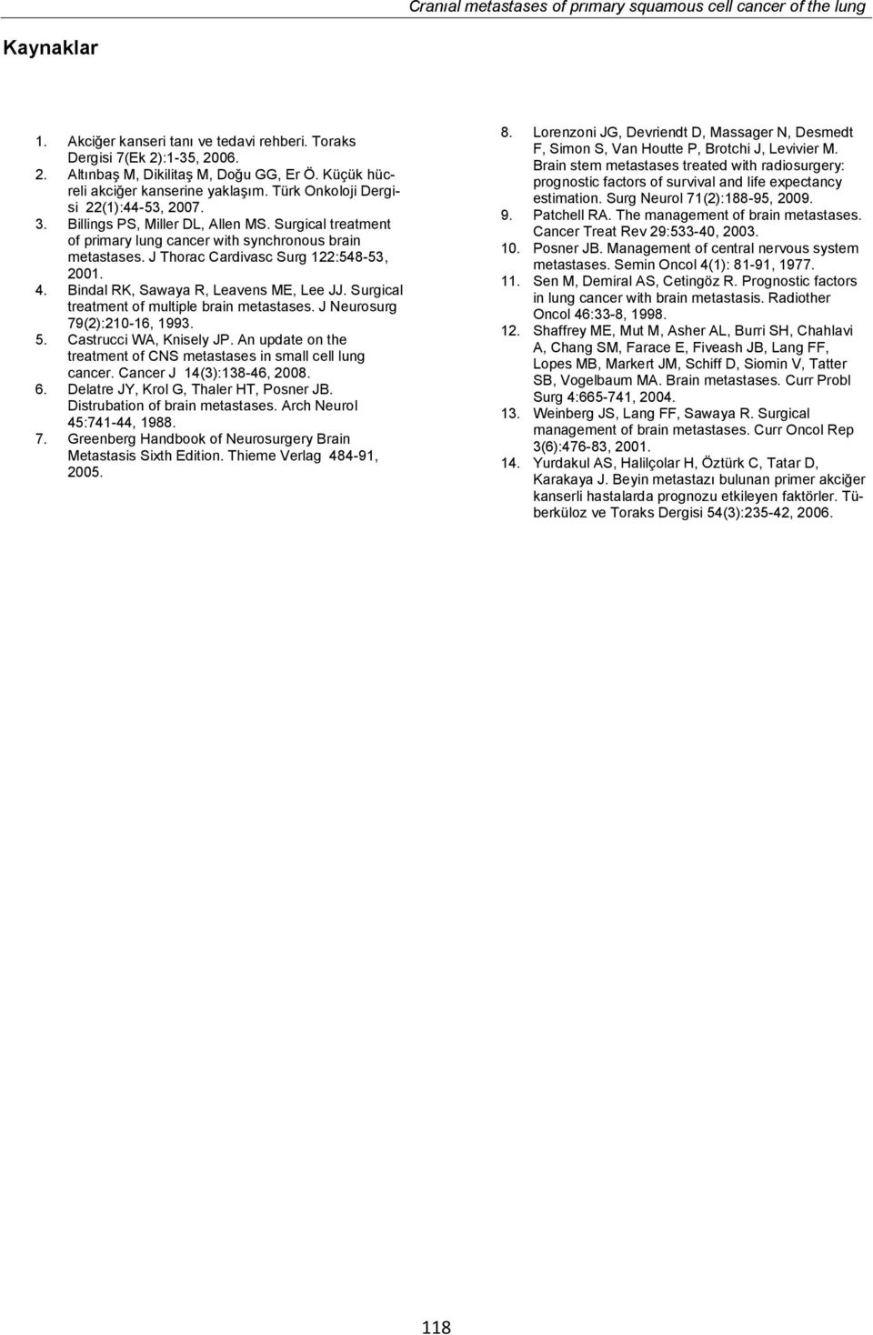 J Thorac Cardivasc Surg 122:548-53, 2001. 4. Bindal RK, Sawaya R, Leavens ME, Lee JJ. Surgical treatment of multiple brain metastases. J Neurosurg 79(2):210-16, 1993. 5. Castrucci WA, Knisely JP.