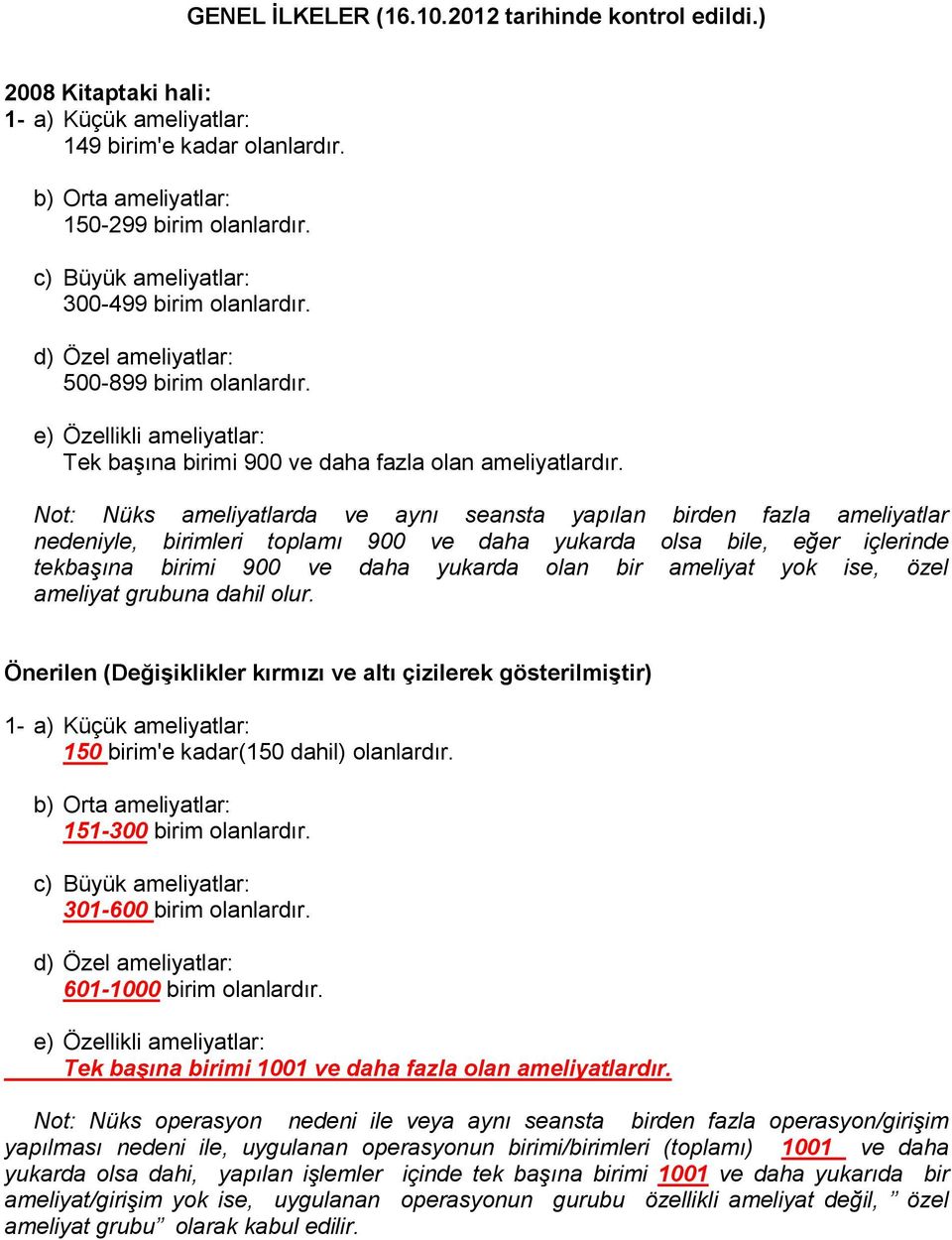 Not: Nüks ameliyatlarda ve aynı seansta yapılan birden fazla ameliyatlar nedeniyle, birimleri toplamı 900 ve daha yukarda olsa bile, eğer içlerinde tekbaşına birimi 900 ve daha yukarda olan bir