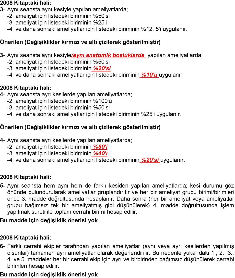 ameliyat için listedeki biriminin %20'si -4. ve daha sonraki ameliyatlar için listedeki biriminin %10'u uygulanır. 4- Aynı seansta ayrı kesilerde yapılan ameliyatlarda; -2.