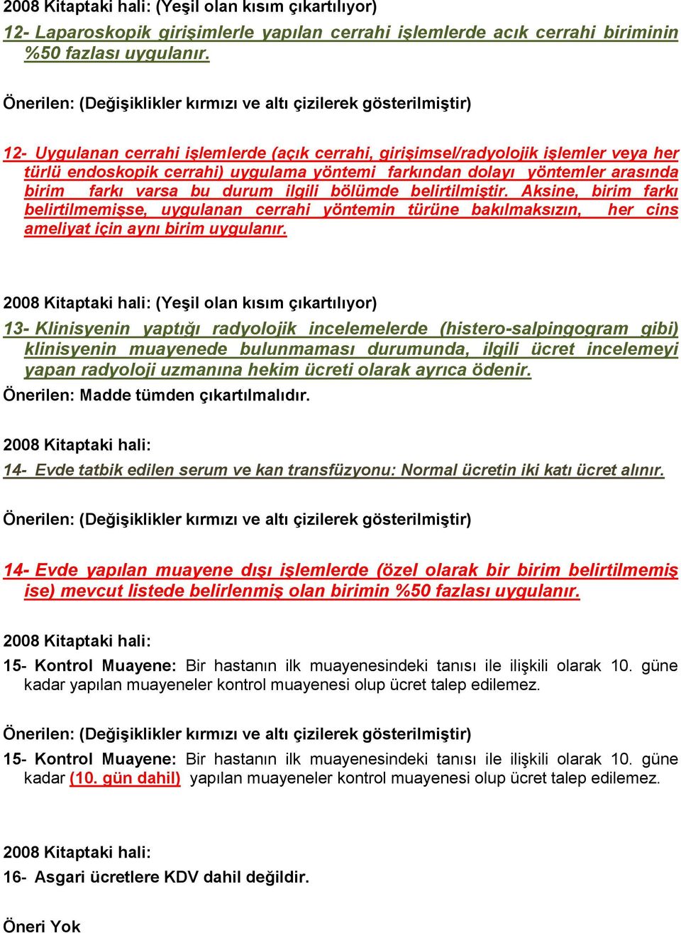 ilgili bölümde belirtilmiştir. Aksine, birim farkı belirtilmemişse, uygulanan cerrahi yöntemin türüne bakılmaksızın, her cins ameliyat için aynı birim uygulanır.