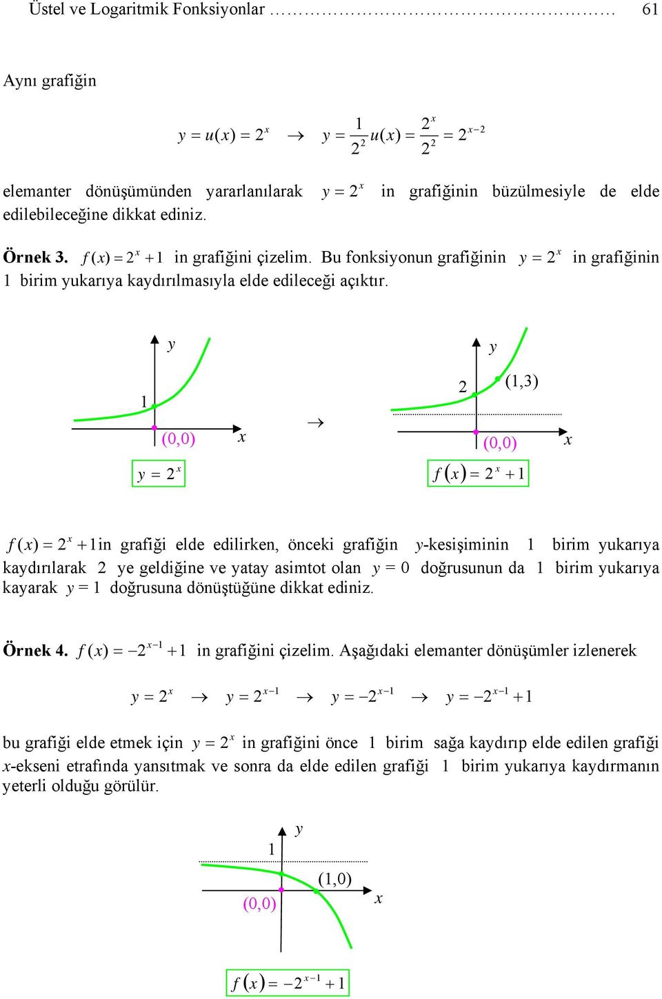 = in grafiğinin (,3) = f ( ) = + f ( ) = + in grafiği elde edilirken, önceki grafiğin -kesişiminin irim ukarıa kadırılarak e geldiğine ve ata asimtot olan = 0 doğrusunun da irim ukarıa kaarak =