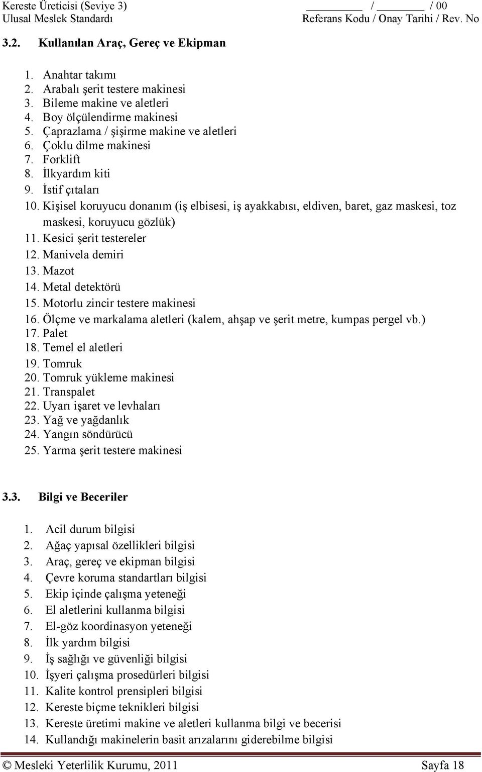 Kesici şerit testereler 12. Manivela demiri 13. Mazot 14. Metal detektörü 15. Motorlu zincir testere makinesi 16. Ölçme ve markalama aletleri (kalem, ahşap ve şerit metre, kumpas pergel vb.) 17.