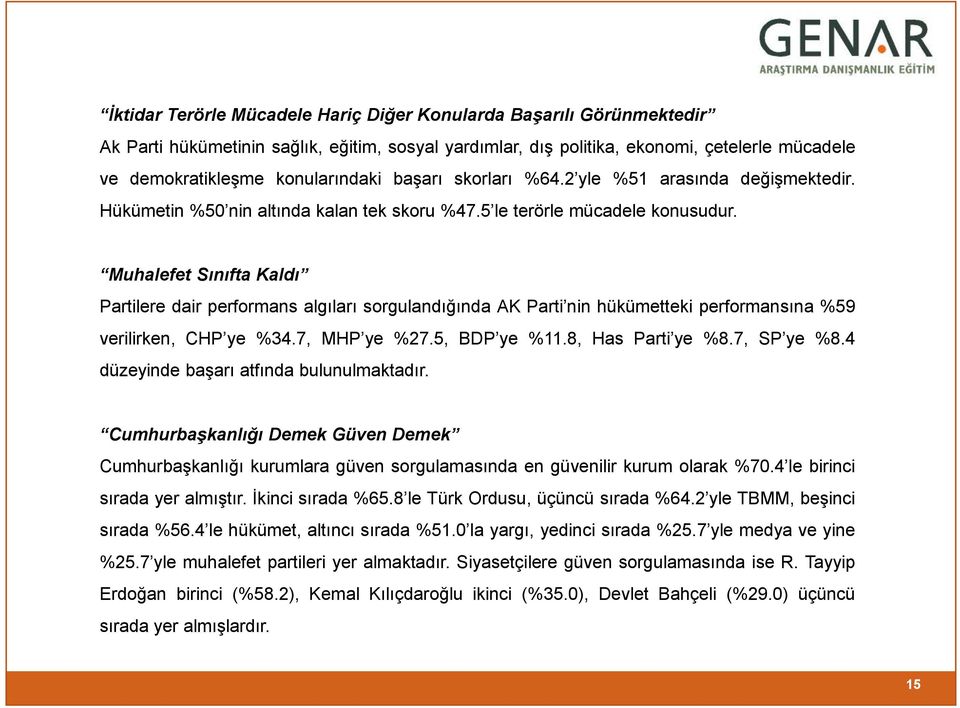 Muhalefet Sınıfta Kaldı Partilere dair performans algıları sorgulandığında AK Parti nin hükümetteki performansına %59 verilirken, CHP ye %34.7, MHP ye %27.5, BDP ye %11.8, Has Parti ye %8.7, SP ye %8.