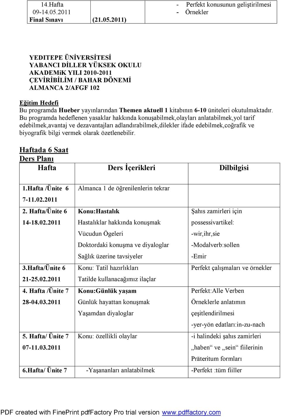 2011) - Perfekt konusunun geliştirilmesi - Örnekler YEDITEPE ÜNİVERSİTESİ YABANCI DİLLER YÜKSEK OKULU AKADEMiK YILI 2010-2011 ÇEVİRİBİLİM / BAHAR DÖNEMİ ALMANCA 2/AFGF 102 Eğitim Hedefi Bu programda