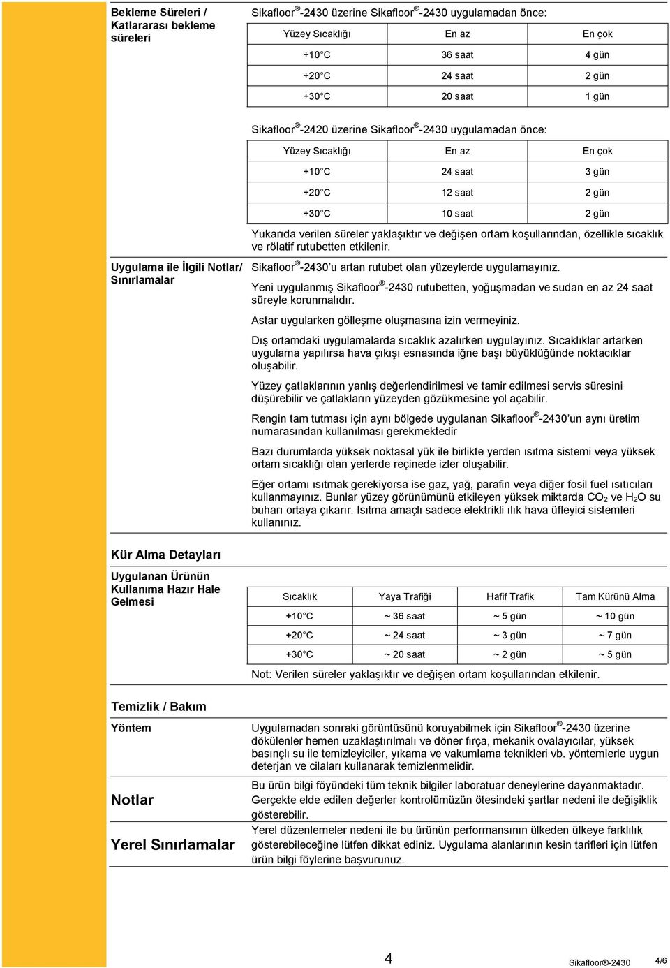 verilen süreler yaklaşıktır ve değişen ortam koşullarından, özellikle sıcaklık ve rölatif rutubetten etkilenir. Sikafloor -2430 u artan rutubet olan yüzeylerde uygulamayınız.