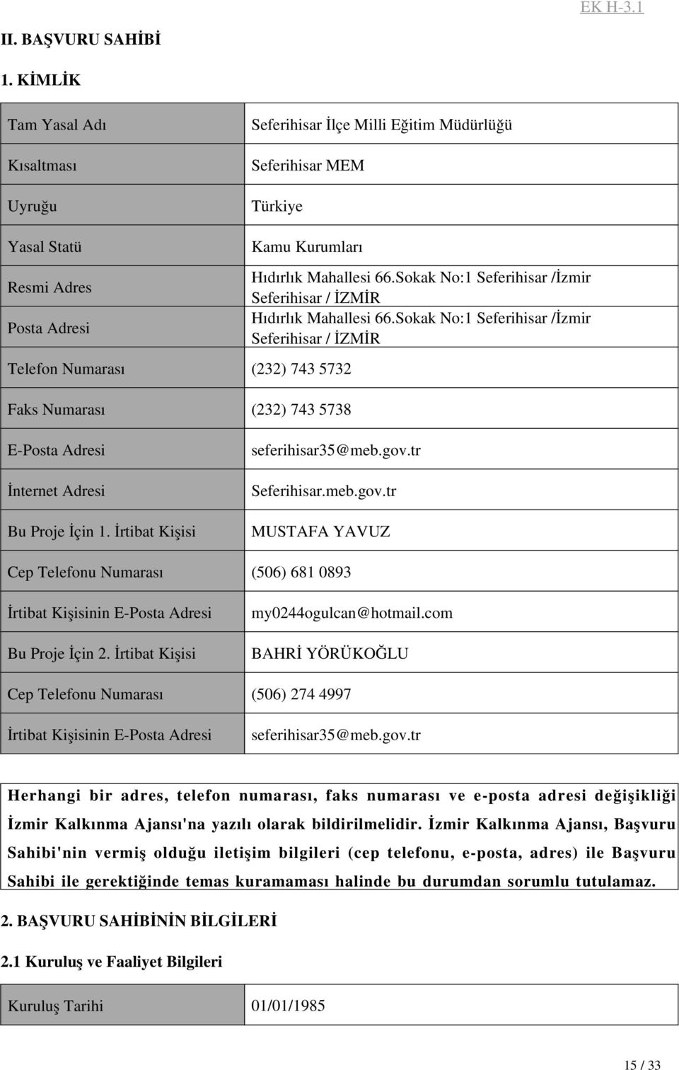 Sokak No:1 Seferihisar /İzmir Seferihisar / İZMİR (232) 743 5732 (232) 743 5738 seferihisar35@meb.gov.