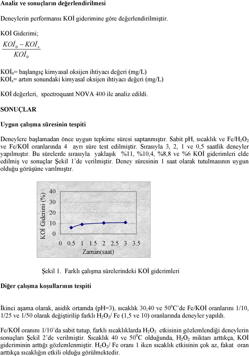 edildi. SONUÇLAR Uygun çalışma süresinin tespiti Deneylere başlamadan önce uygun tepkime süresi saptanmıştır. Sabit ph, sıcaklık ve Fe/H 2 O 2 ve Fe/KOİ oranlarında 4 ayrı süre test edilmiştir.