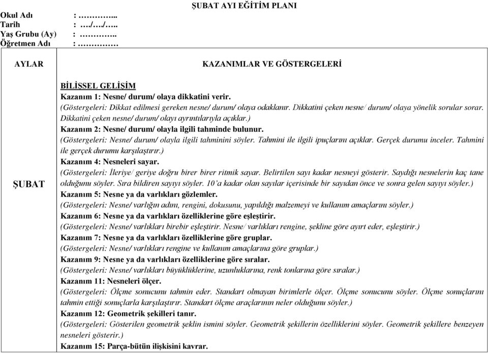 ) Kazanım 2: Nesne/ durum/ olayla ilgili tahminde bulunur. (Göstergeleri: Nesne/ durum/ olayla ilgili tahminini söyler. Tahmini ile ilgili ipuçlarını açıklar. Gerçek durumu inceler.