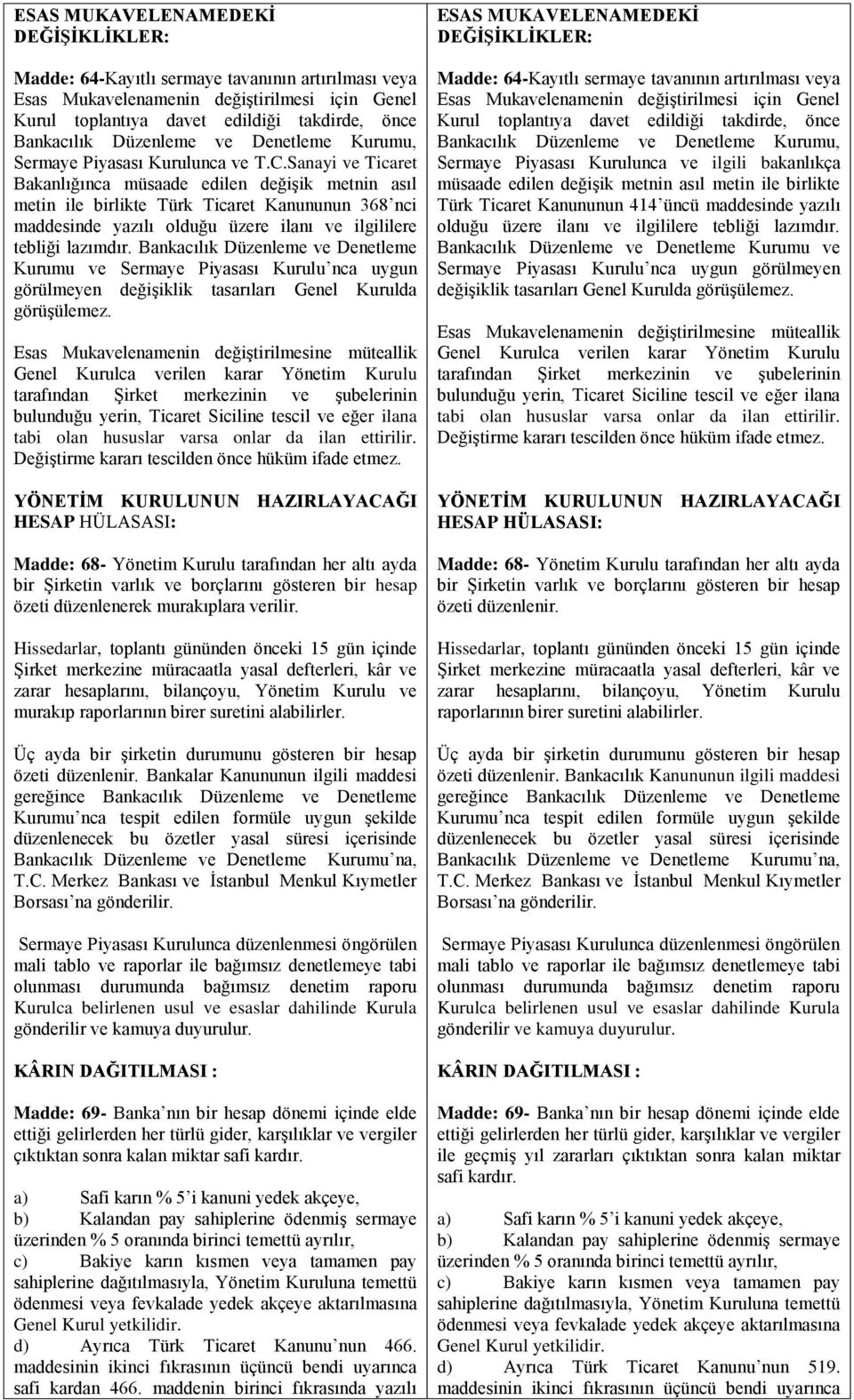 Sanayi ve Ticaret Bakanlığınca müsaade edilen değişik metnin asıl metin ile birlikte Türk Ticaret Kanununun 368 nci maddesinde yazılı olduğu üzere ilanı ve ilgililere tebliği lazımdır.