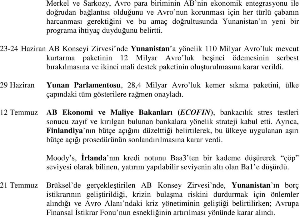 23-24 Haziran AB Konseyi Zirvesi nde Yunanistan a yönelik 110 Milyar Avro luk mevcut kurtarma paketinin 12 Milyar Avro luk beşinci ödemesinin serbest bırakılmasına ve ikinci mali destek paketinin