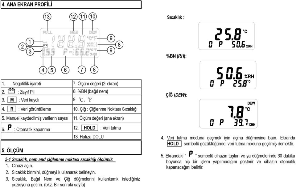 Hafıza DOLU 5-1 Sıcaklık, nem and çiğlenme noktası sıcaklığı ölçümü: 1. Cihazı açın. 2. Sıcaklık birimini, düğmeyi k ullanarak belirleyin. 3.