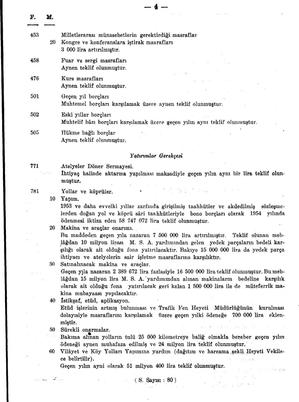 Eski yıllar borçları Muhtelif bâzı borçları karşılamak üzere geçen yılın aynı teklif olunmuştur. Hükme bağlı borçlar Aynen teklif olunmuştur. Yatırımlar Gerekçesi Atelyeler Döner Sermayesi.