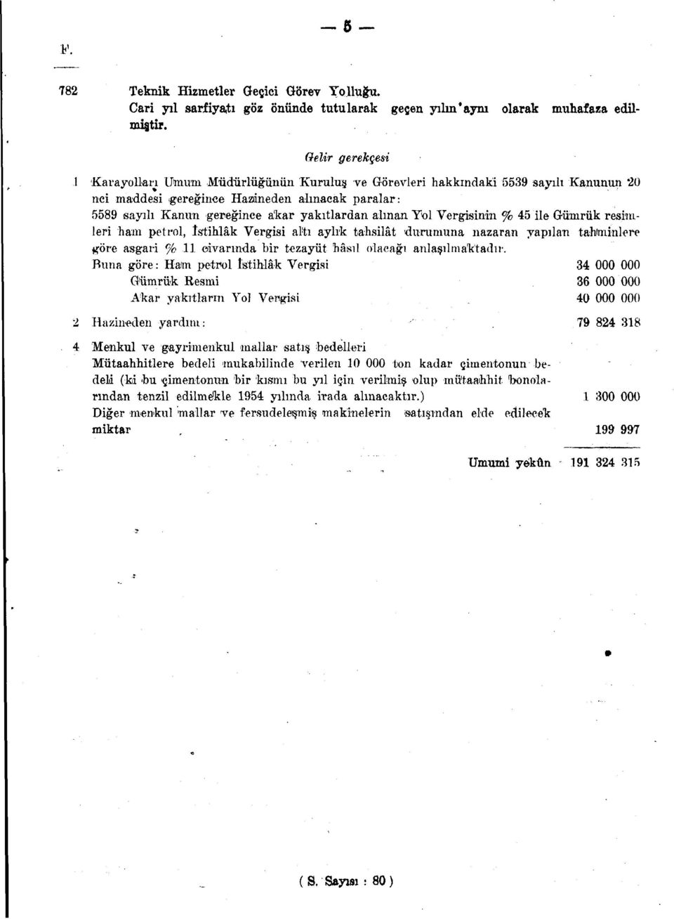 alınan Yol Vergisinin % 45 ile Gümrük resimleri ham petrol, istihlâk Vergisi altı aylık tahsilat durumuna nazaran yapılan tahminlere göre asgari % civarında bir tezayüt hâsıl olacağı anlaşılmaktadır.