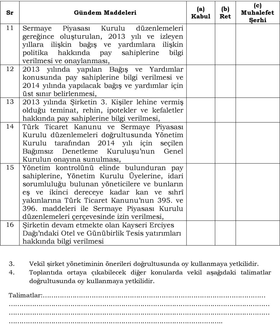 3. Kişiler lehine vermiş olduğu teminat, rehin, ipotekler ve kefaletler hakkında pay sahiplerine bilgi verilmesi, 14 Türk Ticaret Kanunu ve Sermaye Piyasası Kurulu düzenlemeleri doğrultusunda Yönetim