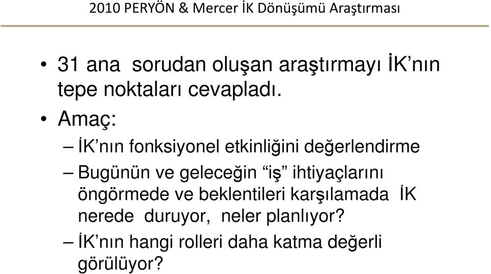 Amaç: İK nın fonksiyonel etkinliğini değerlendirme Bugünün ve geleceğin iş