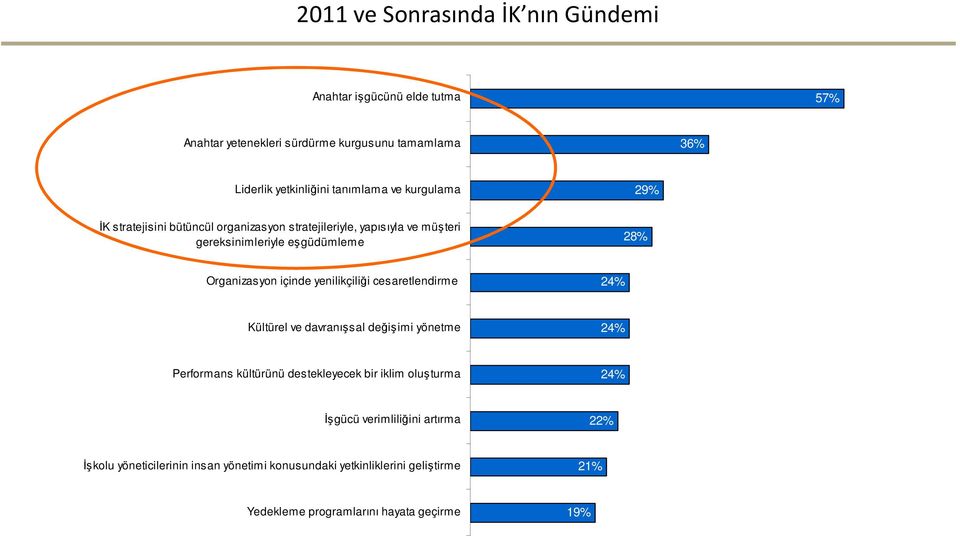 yenilikçiliği cesaretlendirme 24% Kültürel ve davranışsal değişimi yönetme 24% Performans kültürünü destekleyecek bir iklim oluşturma 24% İşgücü