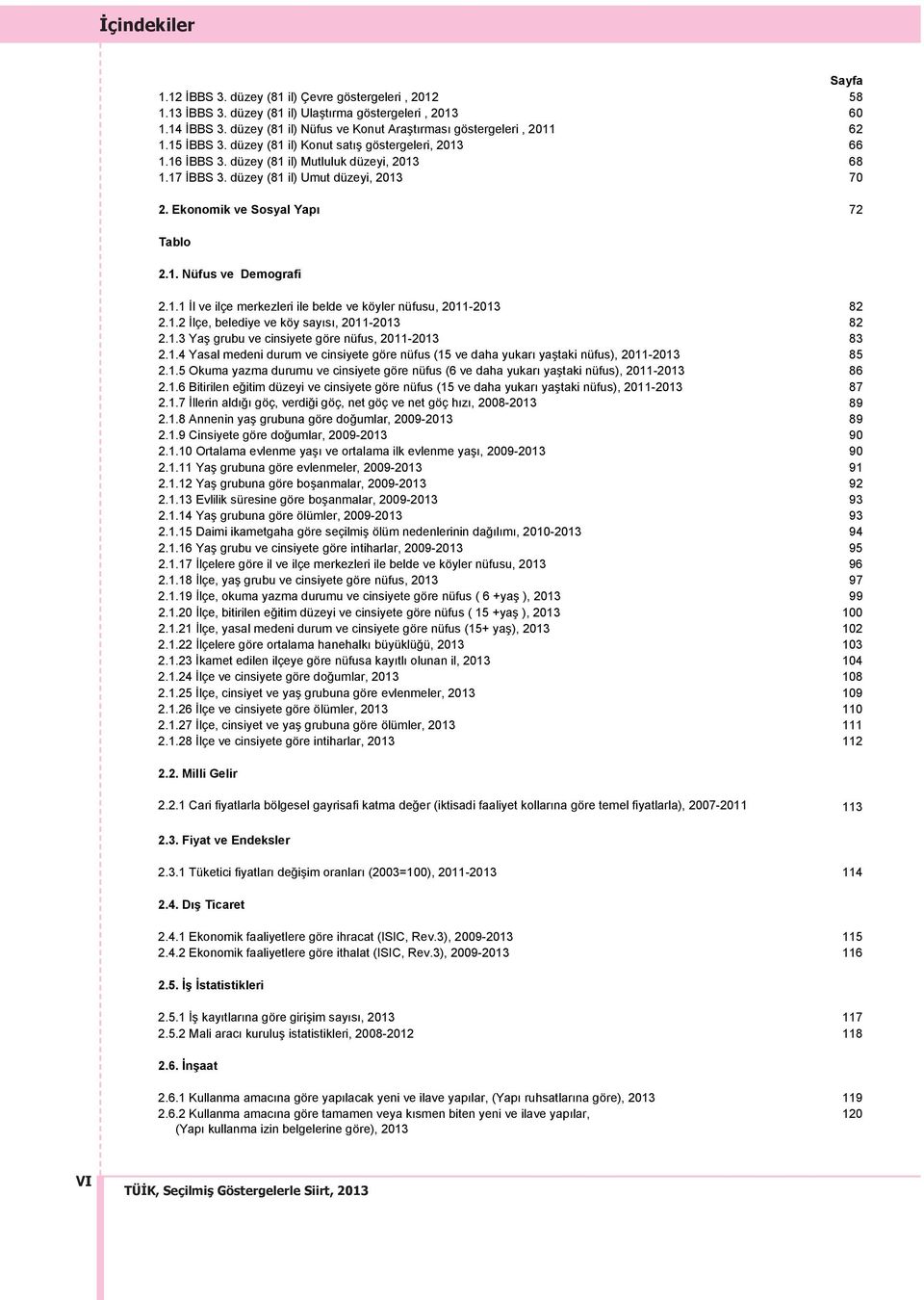 düzey (81 il) Umut düzeyi, 2013 70 2. Ekonomik ve Sosyal Yap 72 Tablo 2.1. Nüfus ve Demografi 2.1.1 İl ve ilçe merkezleri ile belde ve köyler nüfusu, 2011-2013 82 2.1.2 İlçe, belediye ve köy say s, 2011-2013 82 2.