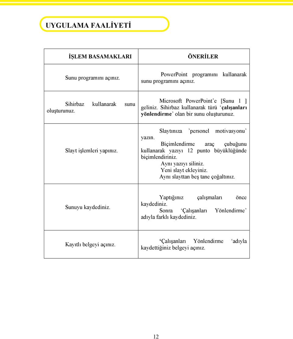 Slayt işlemleri yapınız. Biçimlendirme araç çubuğunu kullanarak yazıyı 12 punto büyüklüğünde biçimlendiriniz. Aynı yazıyı siliniz. Yeni slayt ekleyiniz.