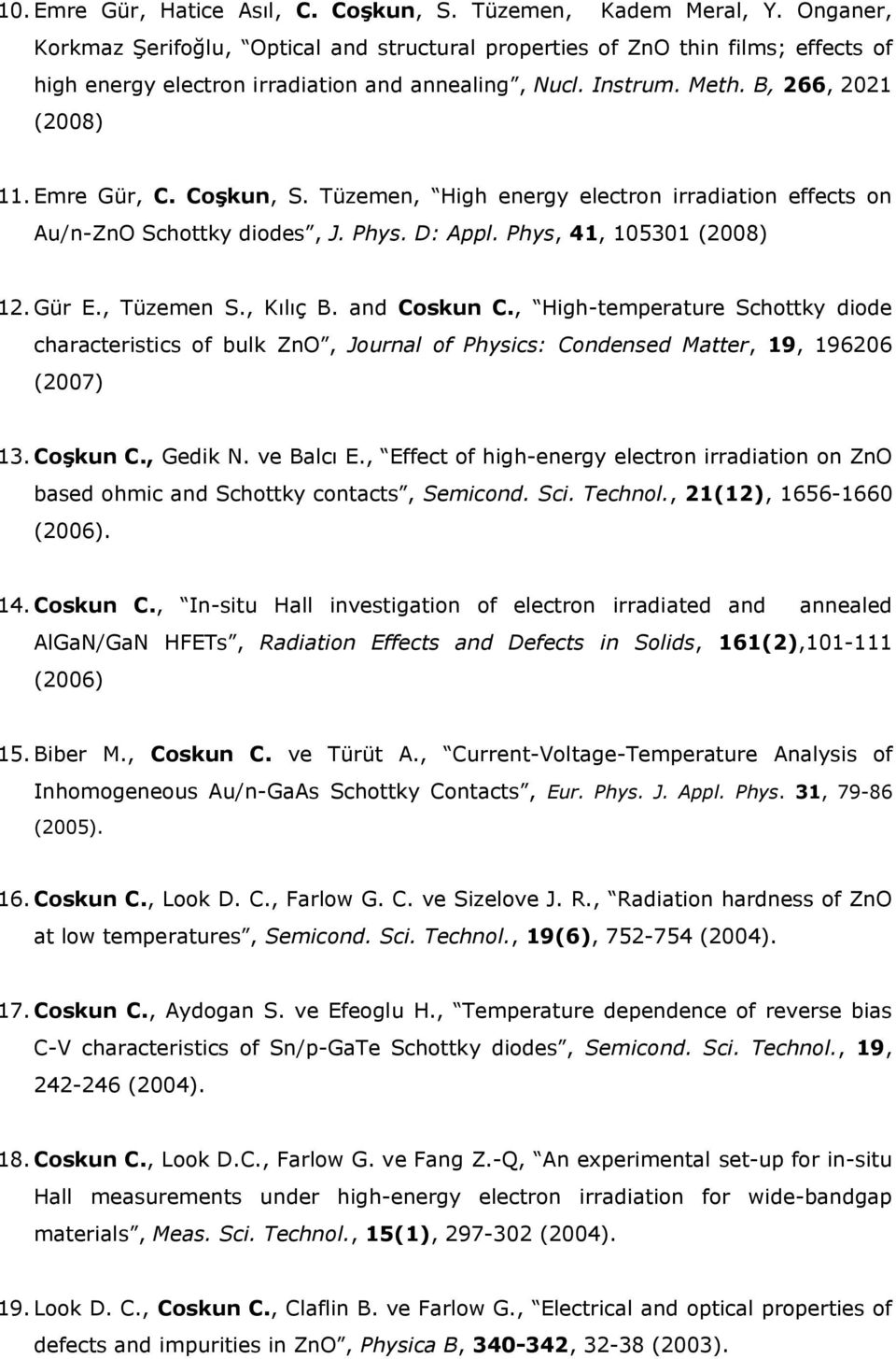 Coşkun, S. Tüzemen, High energy electron irradiation effects on Au/n-ZnO Schottky diodes, J. Phys. D: Appl. Phys, 41, 105301 (2008) 12. Gür E., Tüzemen S., Kılıç B. and Coskun C.
