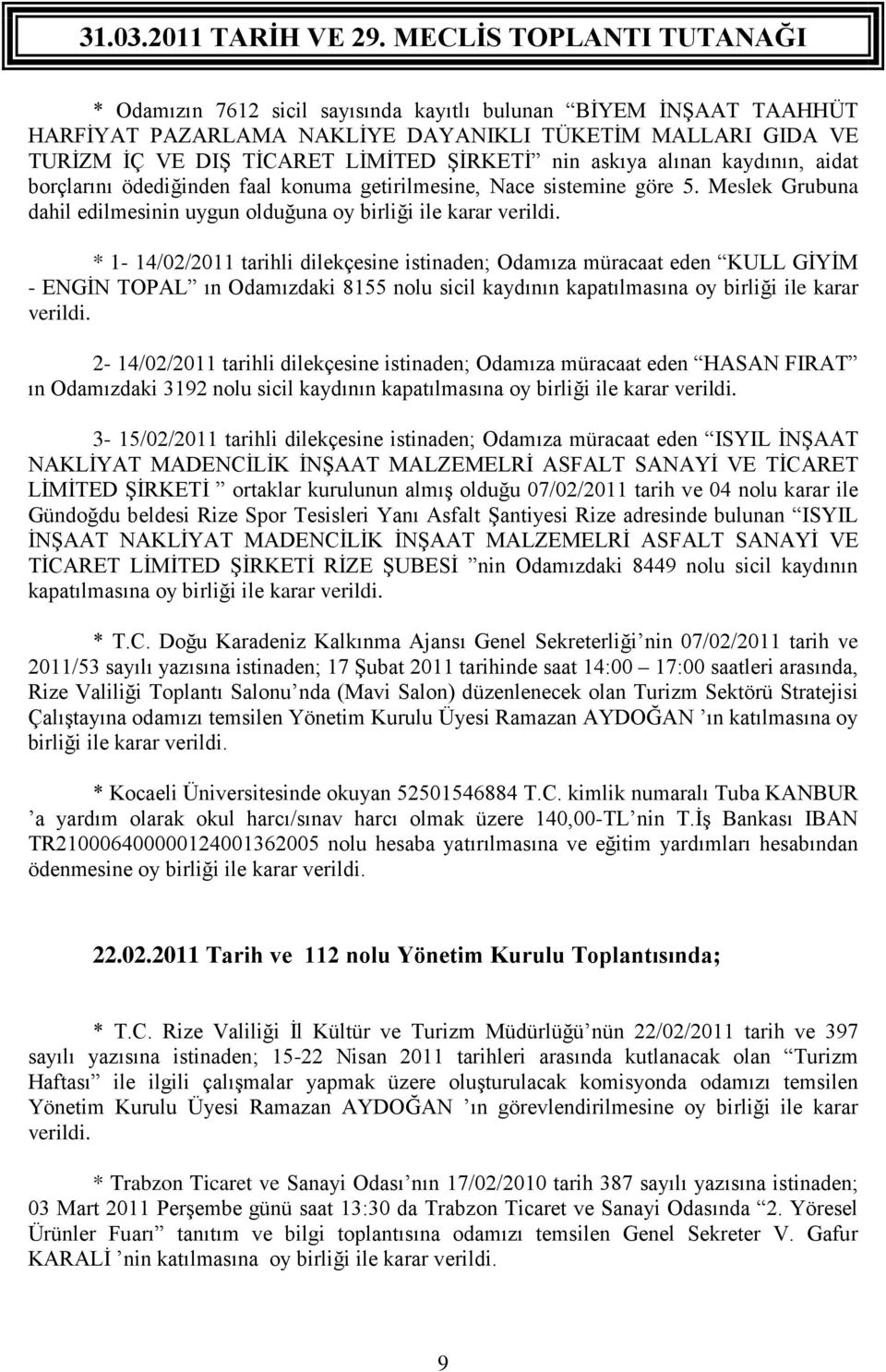 * 1-14/02/2011 tarihli dilekçesine istinaden; Odamıza müracaat eden KULL GİYİM - ENGİN TOPAL ın Odamızdaki 8155 nolu sicil kaydının kapatılmasına oy birliği ile karar verildi.