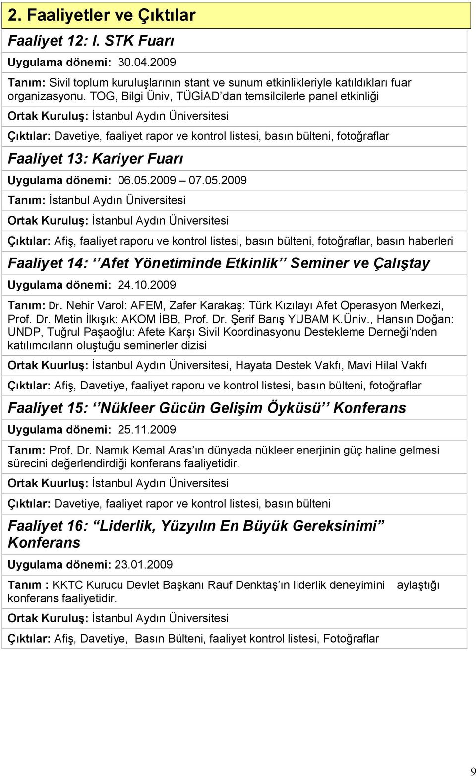 05.2009 Tanım: İstanbul Aydın Üniversitesi Çıktılar: Afiş, faaliyet raporu ve kontrol listesi, basın bülteni, fotoğraflar, basın haberleri Faaliyet 14: Afet Yönetiminde Etkinlik Seminer ve Çalıştay