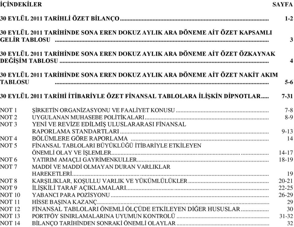 .. 9-13 NOT 4 BÖLÜMLERE GÖRE RAPORLAMA... 14 NOT 5 FĠNANSAL TABLOLARI BÜYÜKLÜĞÜ ĠTĠBARĠYLE ETKĠLEYEN ÖNEMLĠ OLAY VE ĠġLEMLER...... 14-17 NOT 6 YATIRIM AMAÇLI GAYRĠMENKULLER.