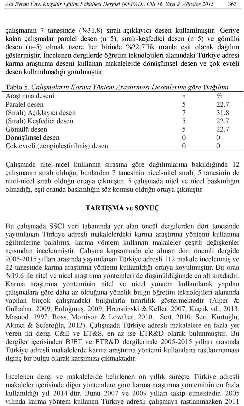İncelenen dergilerde öğretim teknolojileri alanındaki Türkiye adresi karma araştırma deseni kullanan makalelerde dönüşümsel desen ve çok evreli desen kullanılmadığı görülmüştür. Tablo 5.