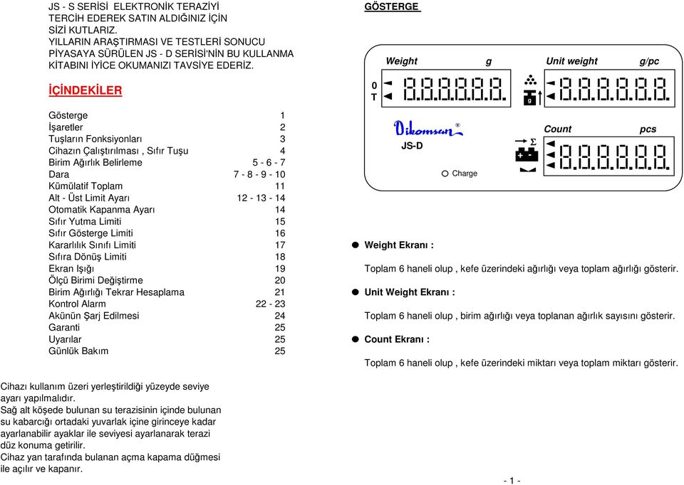 GÖSTERGE Weight g Unit weight g/pc ĐÇĐNDEKĐLER Gösterge 1 Đşaretler 2 Tuşların Fonksiyonları 3 Cihazın Çalıştırılması, Sıfır Tuşu 4 Birim Ağırlık Belirleme 5-6 - 7 Dara 7-8 - 9-1 Kümülatif Toplam 11