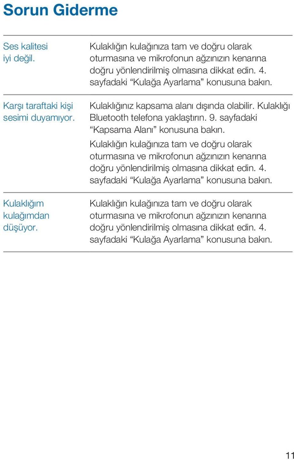 Kulaklığınız kapsama alanı dışında olabilir. Kulaklığı Bluetooth telefona yaklaştırın. 9. sayfadaki Kapsama Alanı konusuna bakın.   11