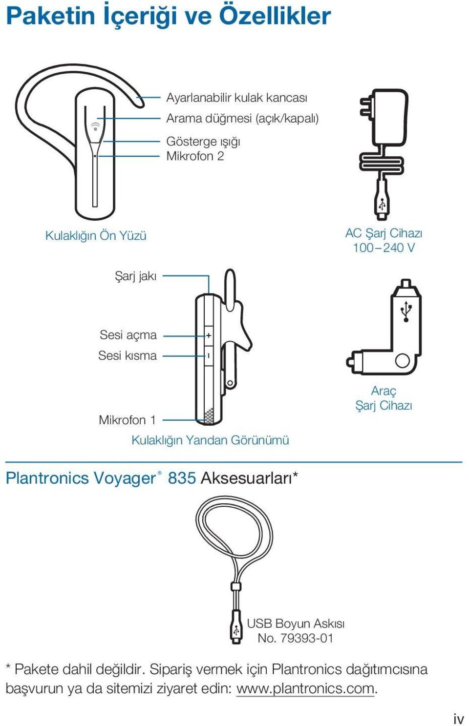 Görünümü Araç Şarj Cihazı Plantronics Voyager 835 Aksesuarları* USB Boyun Askısı No.